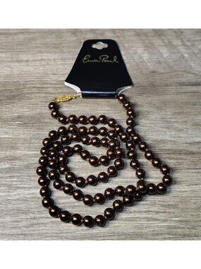 Vtg Erwin Pearl Chocolate Brown Glass Faux Pearl Beaded Strand Necklace Long
